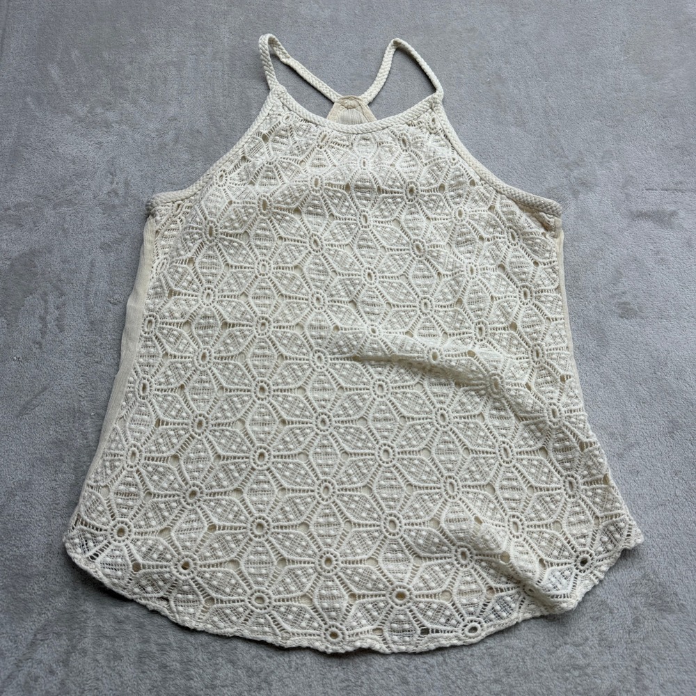Solitaire Women Tank Top L Cream Crochet Halter Braided Straps‎ Boho